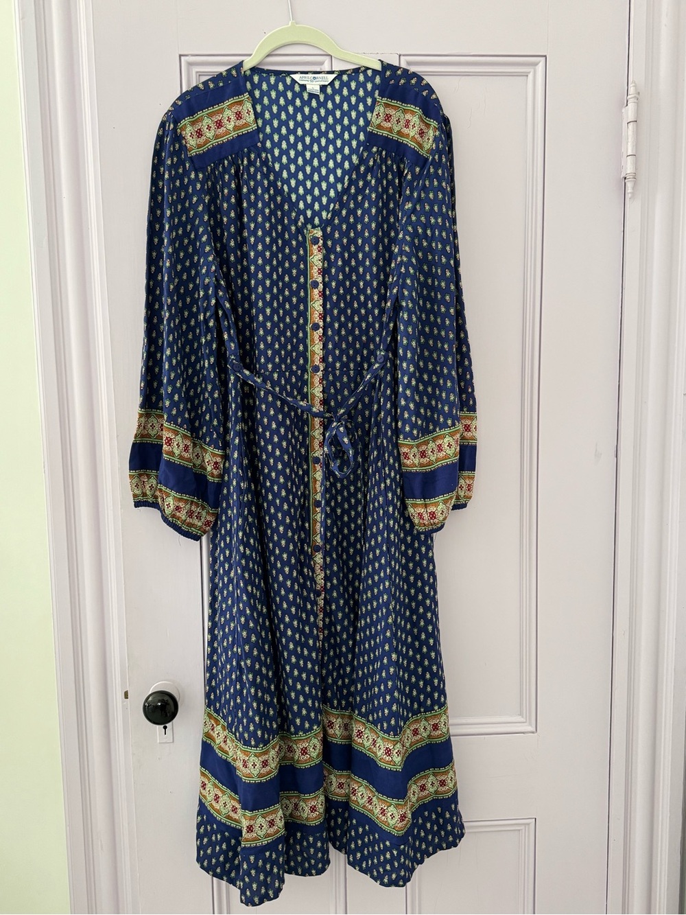 RARE - April Cornell Navy Printed Long Sleeve Maxi Dress with Floral Trim